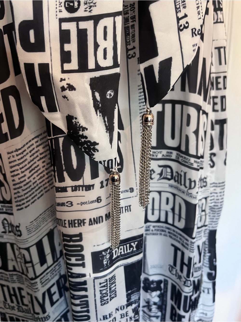 L'ATISTE Black and White Newspaper Print Maxi Dress with Silver Lining - Picture 3 of 9